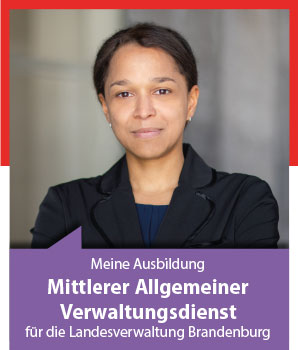 Linkbanner mit Porträtfoto von MAVD-Absolventin Jenny und der Aufschrift Meine Ausbildung im mittleren allgemeinen Verwaltungsdienst für die Landesverwaltung Brandenburg