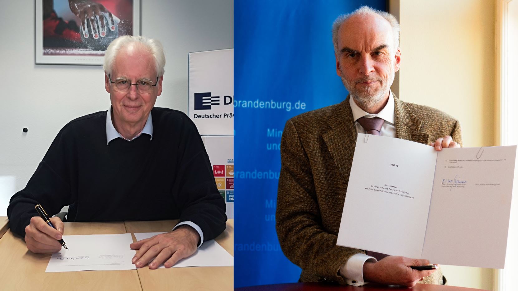 Foto von Herrn Prof. Marks und Staatssekretär Dr. Grünewald anlässlich der Vertragsunterzeichnung zum Deutschen Präventionstages 2024 in Cottbus