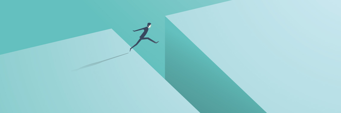 Headerbild Ausstiegs- und Distanzierungsprogramm Symbolbild für das Ausstiegs- und Distanzierungsprogramm mit einer Figur, die einen Absprung wagt