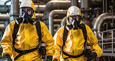 Teaserbild BB-Paket CBRN Ausbildungssätze Zwei Personen in gelber Schutzkleidung mit Masken